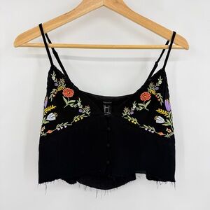 Forever 21 Raw Hem Embroidered Black Crop Top Coachella Woodstock Concert Small